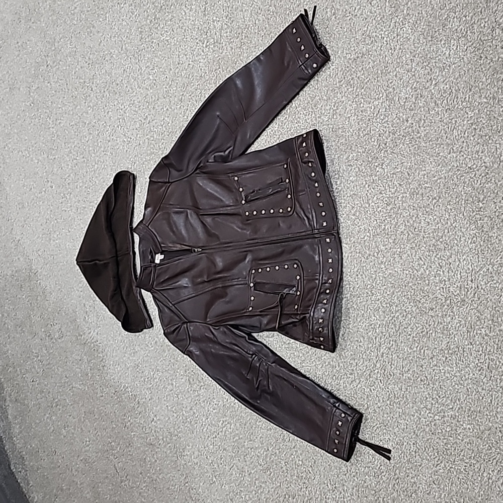 Reba Brown leather jacket in size small with removable knit hood. Front zip.